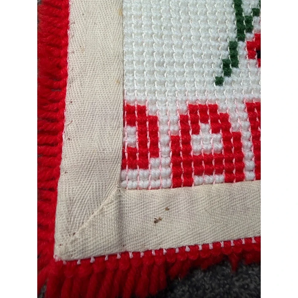 Vintage Cristmas Latch Hook Wall Hanging Merry Christmas Poinsettia Handmade